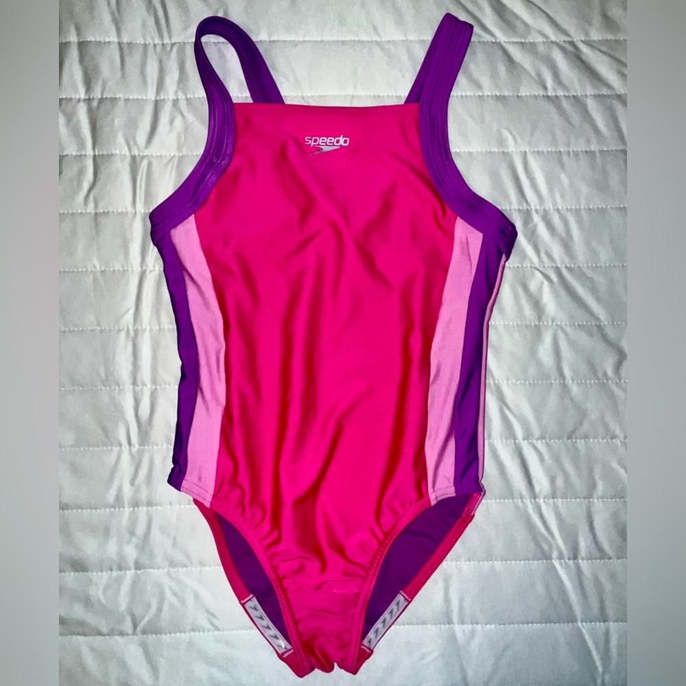 Speedo Girls Colorblock One Piece Swimsuit Pink & Purple UPF 50+ Like New